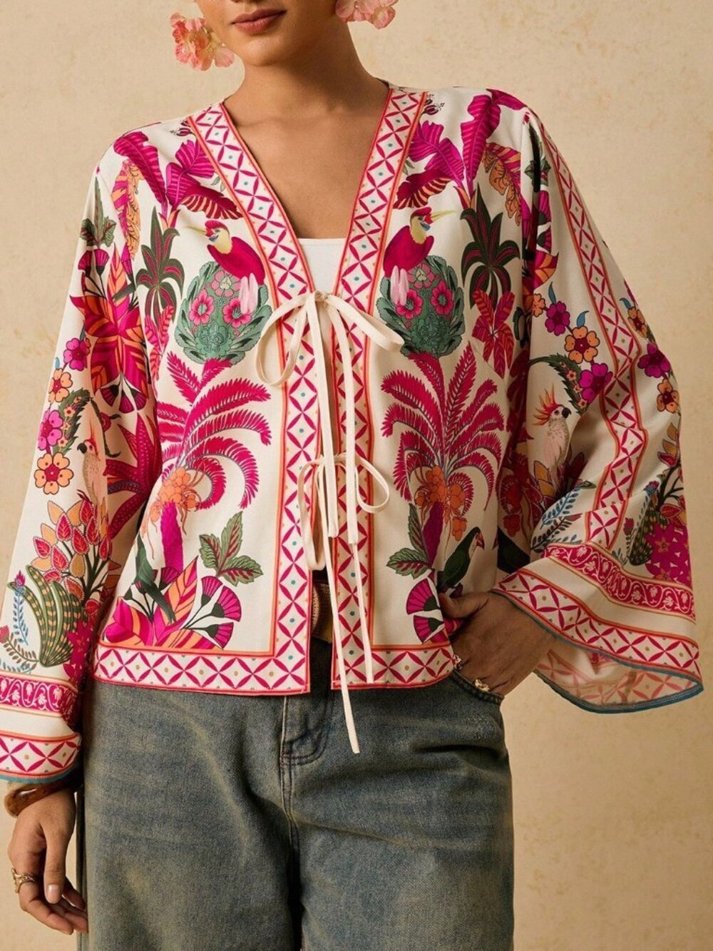 Hot Pink Boho Women's Print Tie Front Casual Plus Size Blouse - Picture 4 of 7